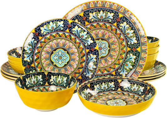 Mandala Dinnerware Sets, Plates and Bowls Set, Porcelain Dishes (16 Pieces) Service for 4, Zanzibar, Bohemian Style Dining Ware, for Kitchen and Dining Multicolor Dinnerware Set, Yellow