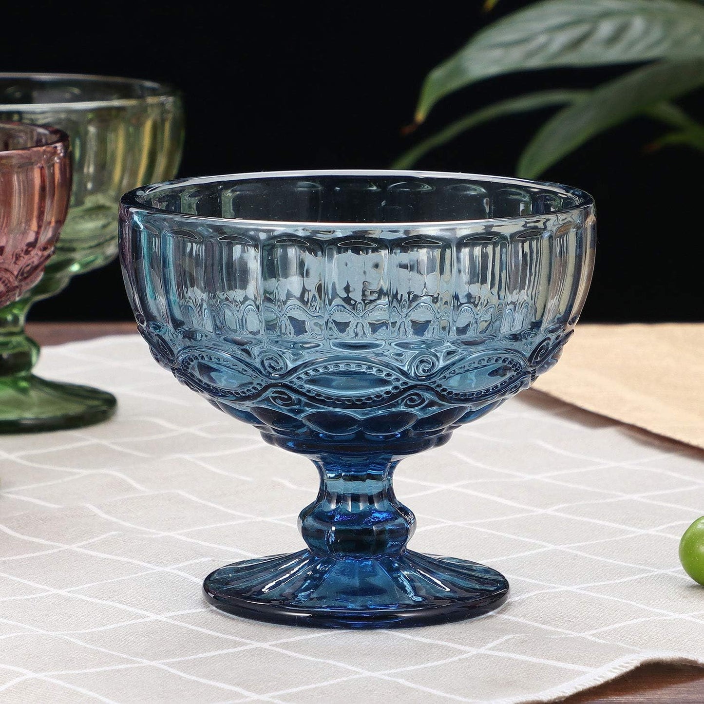 VanEnjoy Deep-blue Vintage Pressed Pattern Glass Ice Cream Cups/Dessert Bowls - Set of 4,12 Oz