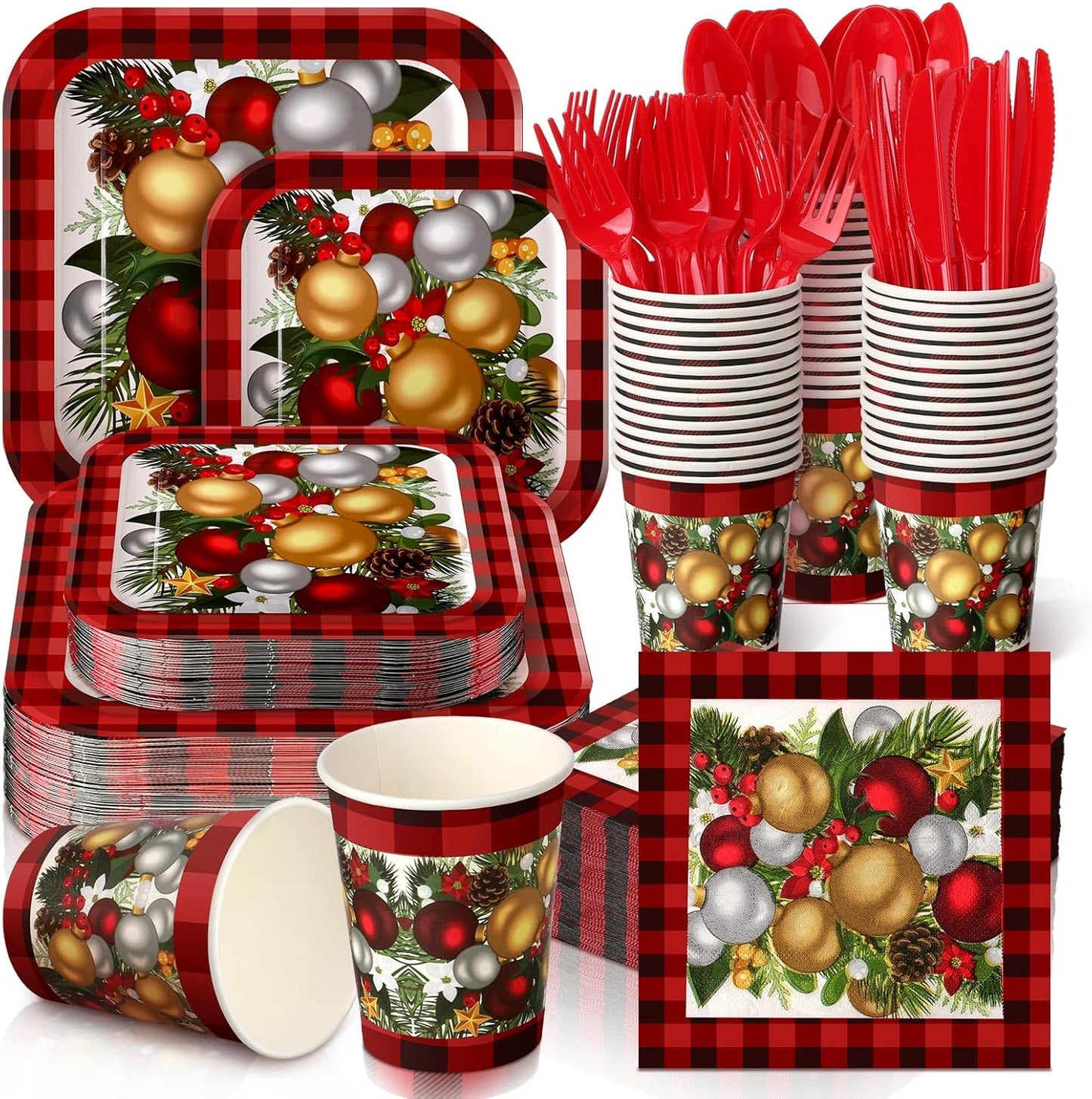 350 Pcs Paper Plates and Napkins Set Disposable Dinnerware Party Supplies Tableware Serve 50 Guest Cups Knife Forks Spoon(Red,Christmas Tree)