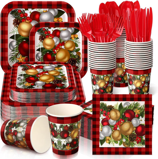 350 Pcs Paper Plates and Napkins Set Disposable Dinnerware Party Supplies Tableware Serve 50 Guest Cups Knife Forks Spoon(Red,Christmas Tree)