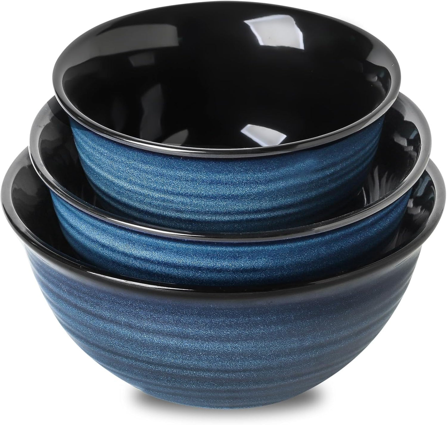 Ceramic Mixing Bowls,Large Serving Bowls 2.1/1.5/1.0 Qt,Salad Bowls Set of 3 for Kitchen Space Saving Storage,Nesting Bowls for Popcorn,Soup,Fruit, Microwave & Dishwasher Safe,Navy Blue