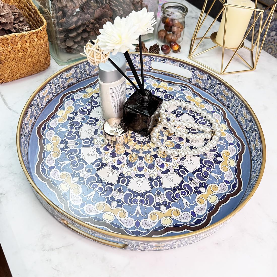 Round Decorative Trays Set of 2, Modern Plastic Serving Tray with Handles for Living Room, Coffee Table, Kitchen, Ottoman, Boho Blue, Large 13", Small 11.8"