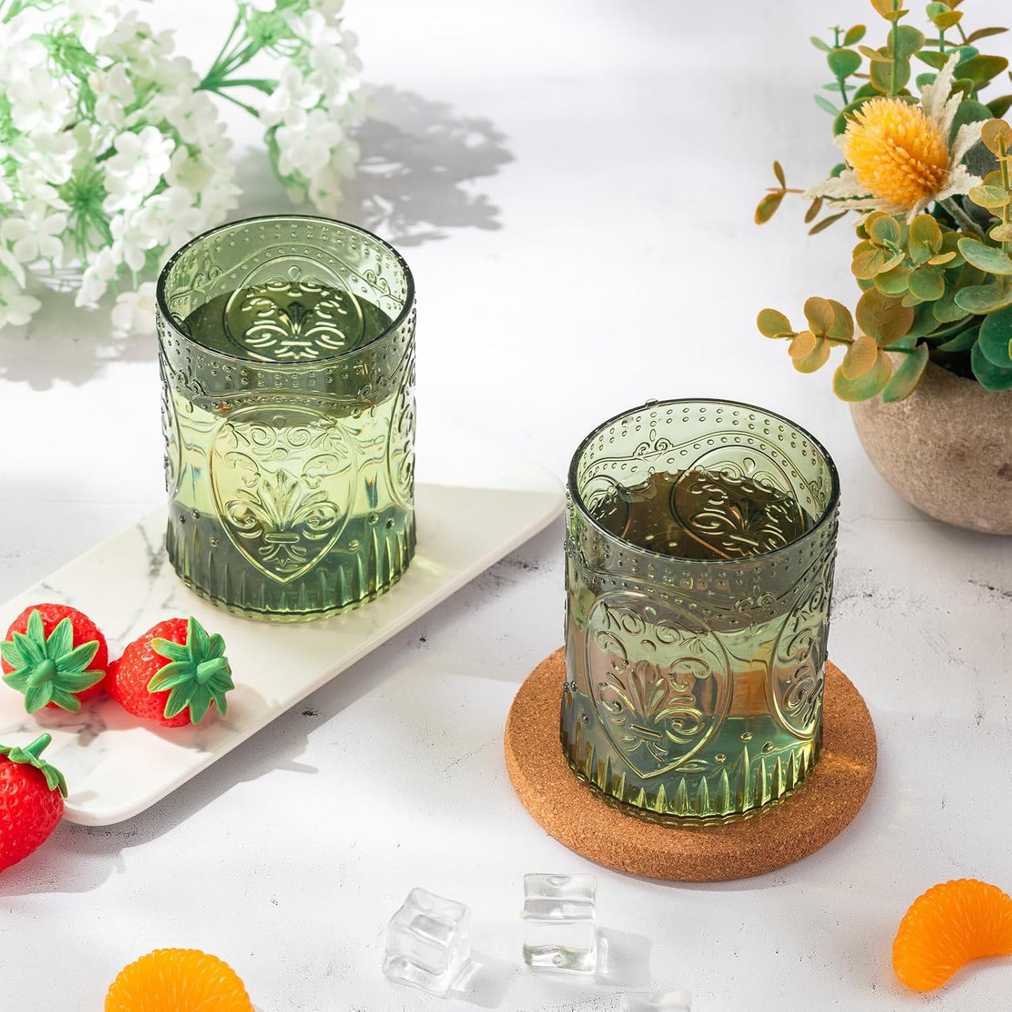 48 Plastic Vintage Drinking Glasses 8.5oz Stemless Retro Embossed Wine Glasses Shatterproof Reusable Cups for Baby Shower Wedding Reception Grand Event Party (Dark Green)