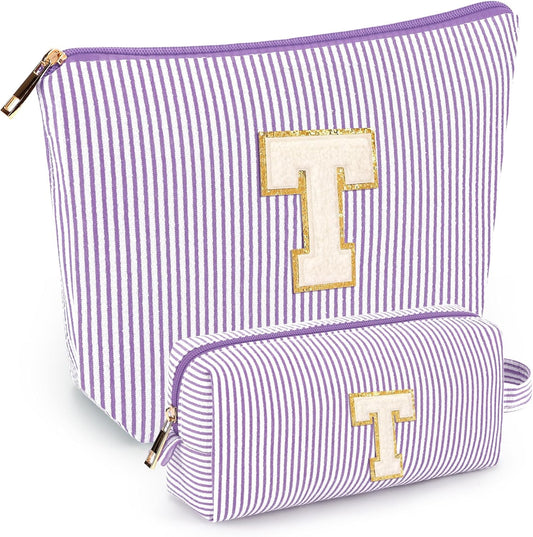 2 PCS Initial Makeup Bags for Women: Cosmetic Bag for Travel Toiletry - Birthday Gifts for 11 12 13 14 15 16 17 18 Years Old Girl Graduation Teacher Gift- Teen Girl Gifts Trendy Stuff - Purple T
