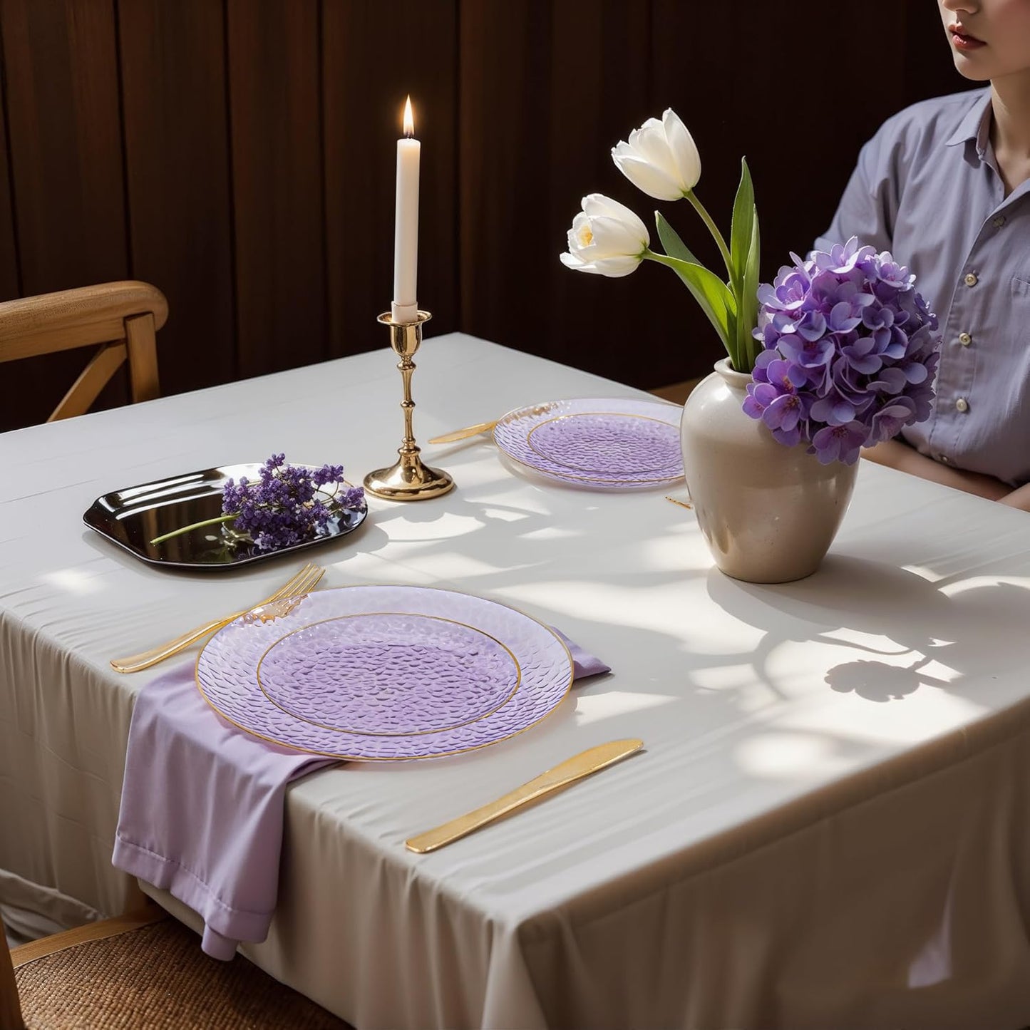 DaYammi 175PCS Clear Purple and Gold Plastic Dinnerware Set for Halloween, Hammered Disposable Plates for Party, Include: 25 Dinner Plates, 25 Dessert Plates, 75 Gold Silverware, 25 Napkins, 25 Cups