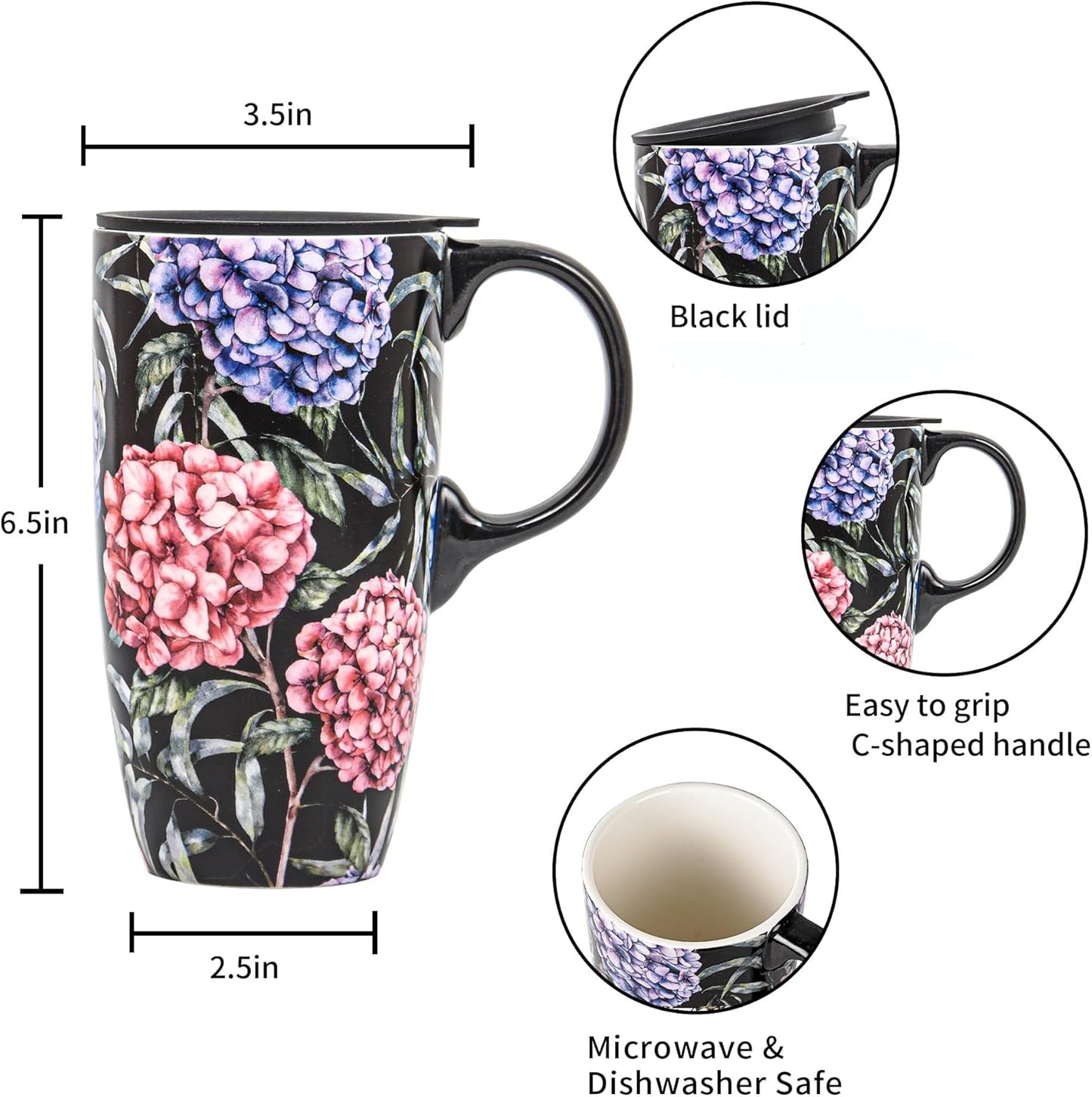 Topadorn Ceramic Coffee Mug Tall Ceramic Cup with Lid and Color Box 17 oz.,Pink and Purple Flowers
