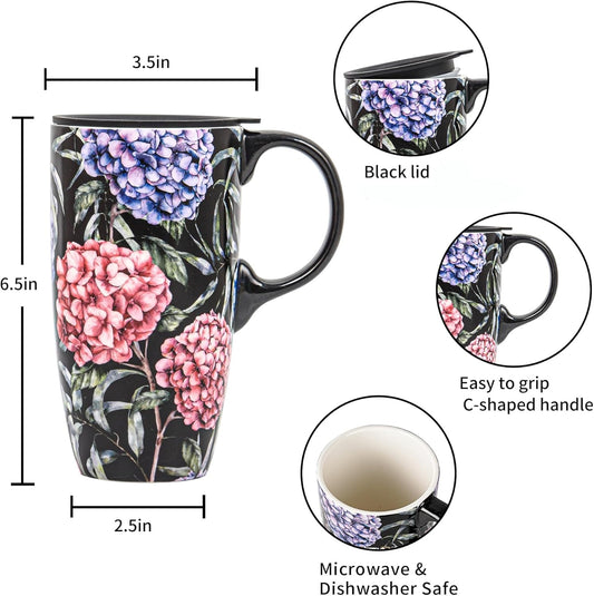 Topadorn Ceramic Coffee Mug Tall Ceramic Cup with Lid and Color Box 17 oz.,Pink and Purple Flowers