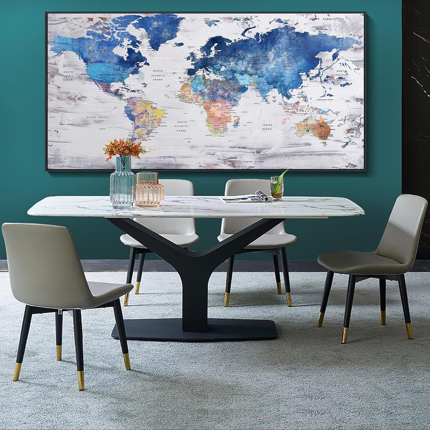 Pogusmavi-World Map Wall Art-Modern Art Wall Decor-Framed Artwork For Walls-Canvas Paintings For Office-Large Pictures For Living Room 30x60 Black Framed