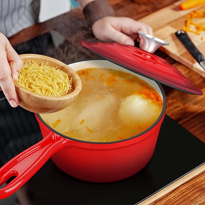 Enameled Cast Iron Sauce Pan with Lid, Leonyo 2 Quart Saucepan with Lid, Enamel Cast Iron Dutch Oven Kitchen Cookware for All Cooktops Making Pasta Sauce, Milk, Oatmeal - Up to 500°F & 6.7Lbs, Red