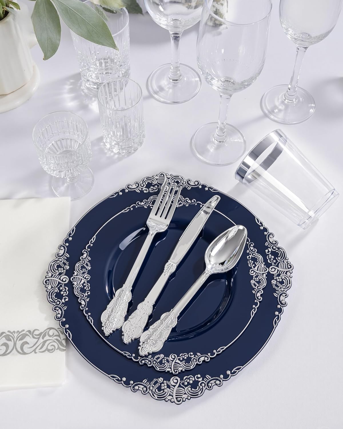 Hioasis 175pcs Blue and Silver Plastic Plates - Elegant Disposable Dinnerware Set Suitable for 25 Guests Include 10.25" Dinner & 7.5" Dessert Plates, Cutlery, Napkins, Cups for Party & Wedding