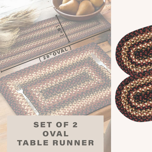 Homespice Prescott Jute Braided Table Runner, Warm Primitive Decor, Set of 2, Black and Red Oval 8x28 - Rich Colors, Easy to Clean, Durable and Protects Furniture