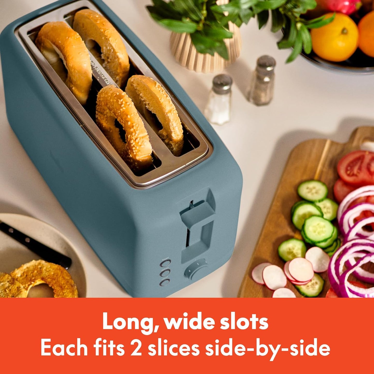 bella 4 Slice Slim Toaster, Fits-anywhere Kitchenware, 6 Setting Shade Control with Reheat & Cancel Buttons, Fits Sourdough, 10” Long Slot, Anti Jam & Auto Shutoff, 900 Watt, Surf