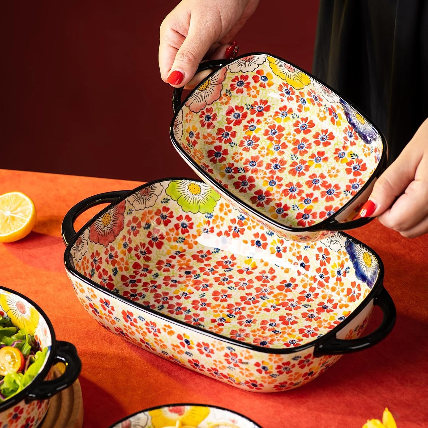 Retro pastoral style Ceramic Baking Dish Rectangular Bakeware Set Baking Pan, 2-piece Hand-painted Porcelain Baking pan with handle, Casserole Dish for Oven/Cooking/Kitchen (Romantic Flower)