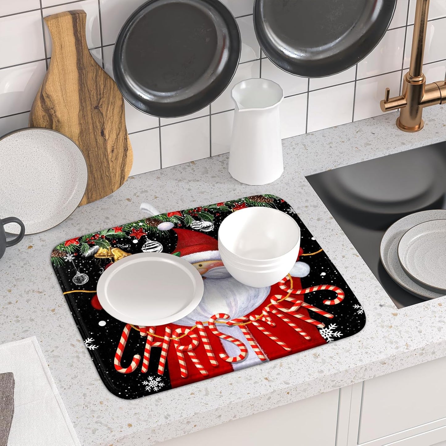 Christmas Dish Drying Mat for Kitchen Counter Santa Claus Winter Snowflake Xmas Jingle Bells Dishes Pad Dish Drainer Rack Mats Absorbent Fast Dry Kitchen Accessories,16 x 18 inch