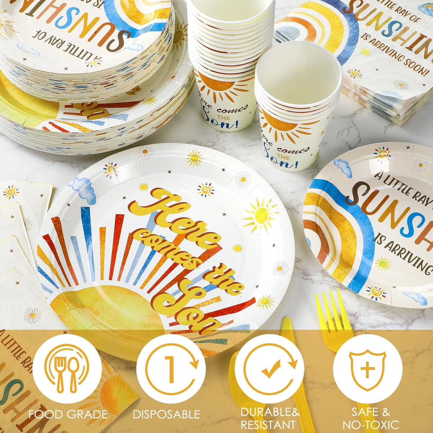 Dandat 350 Pcs Baby Shower Plates Set Baby Shower Party Supplies Serves 50 Tableware Sets Include Plates Napkin Cup Forks Knives Spoons Disposable Dinnerware(Son,Yellow)