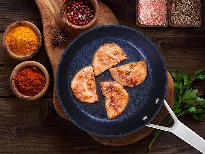 MsMk Frying pans nonstick with lid Blue, 10-inch Durable skillet, Titanium and Diamond Non Stick Non-Toxic Coating From USA, Even Heating, Easy Clean-Up, Comfortable Handle, Induction Compatibility