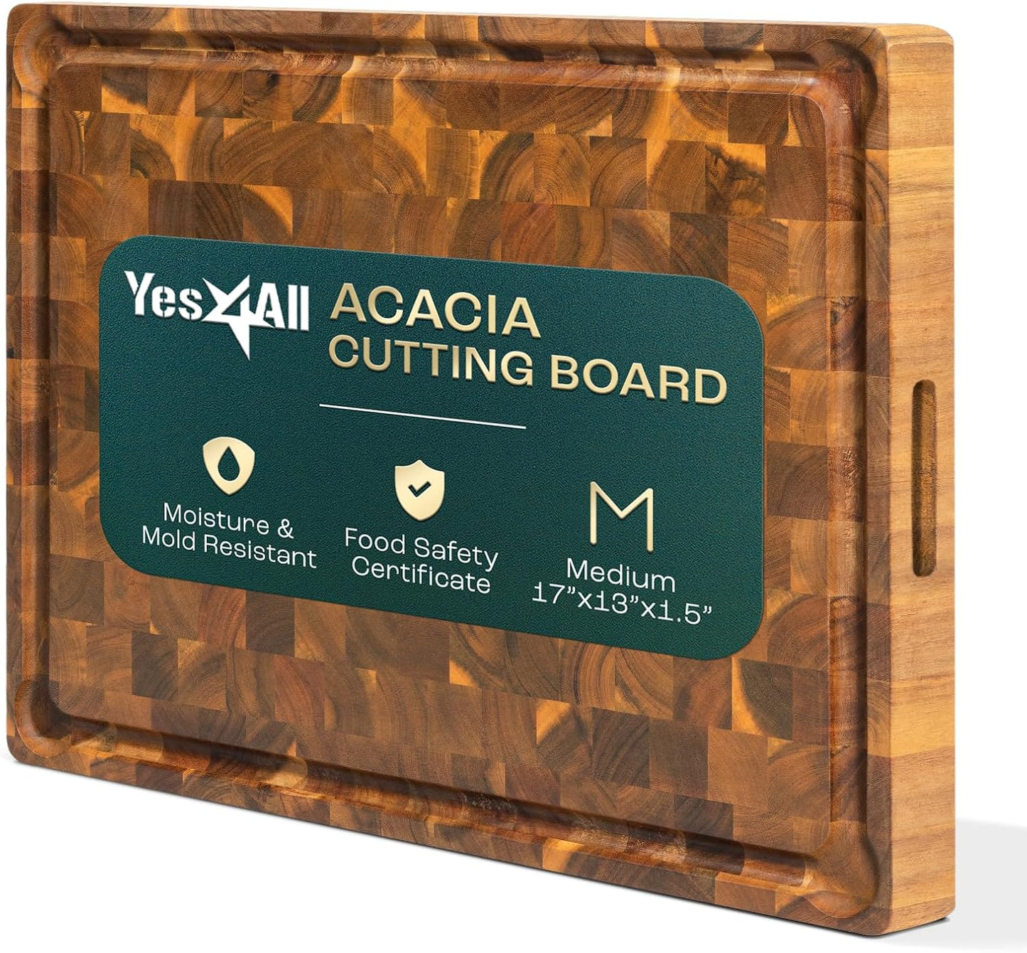 Yes4All Durable Acacia Cutting Boards for Kitchen, [17''Lx13''Wx1.5” Thick] Medium End Grain Cutting Board, Pre Oiled Wood Cutting Boards, Thick Chopping Board w/Juice Grooves and Easy Grip Handle