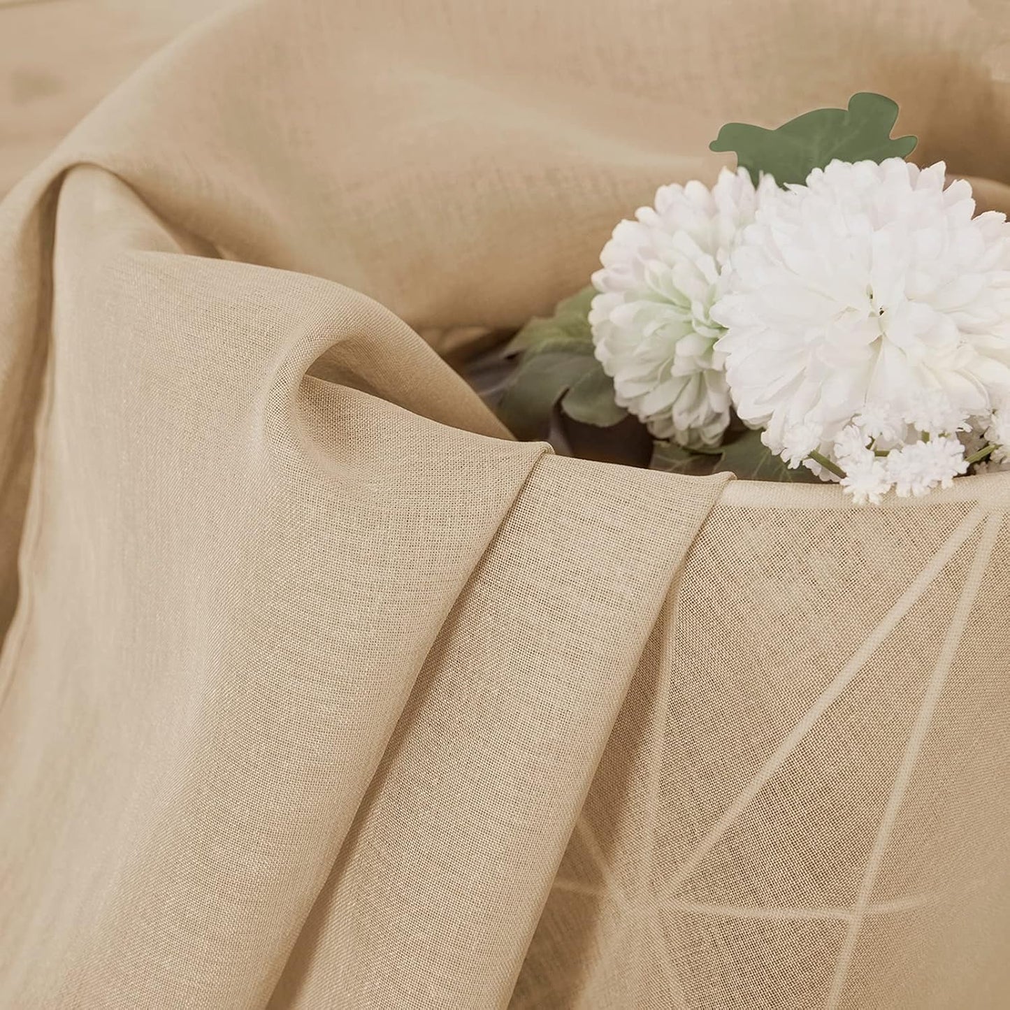 Tollpiz Short Sheer Curtain Linen Textured Living Room Curtains Sheer Light Filtering Rod Pocket Voile Curtain for Bedroom, 42 x 54 inches Long, Beige, Set of 2 Panels