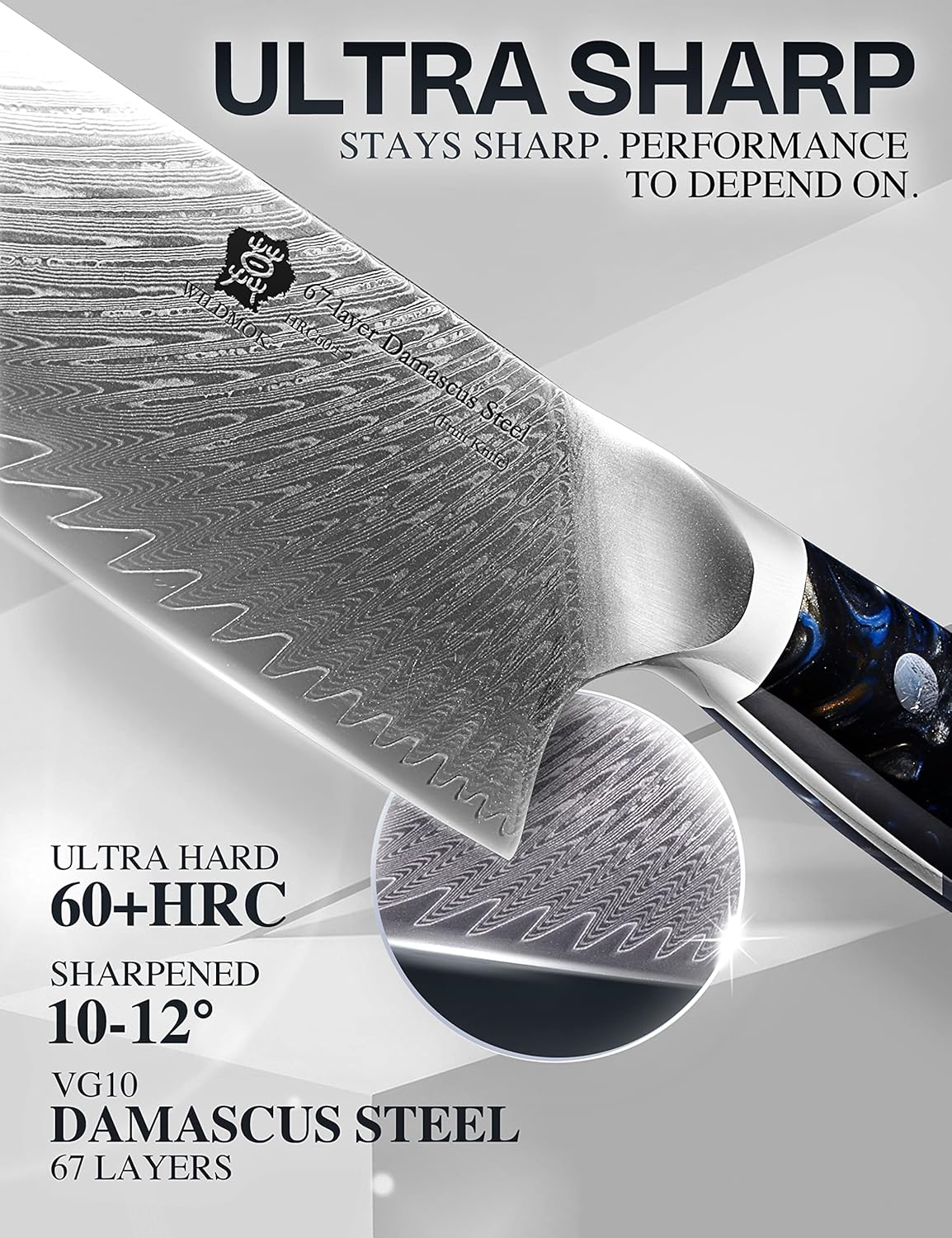 WILDMOK Chef Knife,8 inch Damascus Japanese Chef Knife,Japanese VG10 Steel Black Resin Handle kitchen knives,Japanese Damascus Kitchen Cooking chef's knives