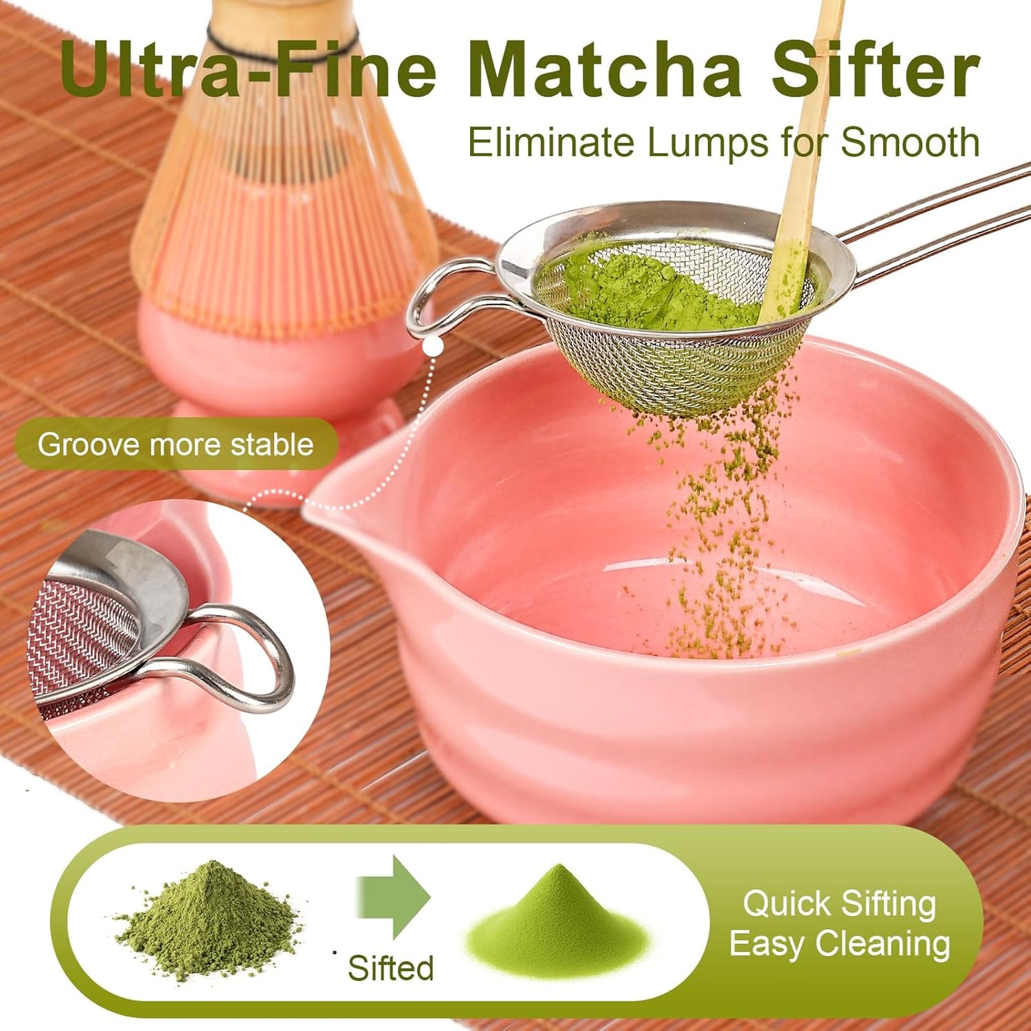 Matcha Set, 5 Pcs Matcha Whisk Set Includes Ceramic Matcha Bowl with Spout, Bamboo Matcha Whisk Chasen, Holder,Scoop,Sifter, Matcha Kit for Making Breakfast & Latte, Gift for beginners(Pink)