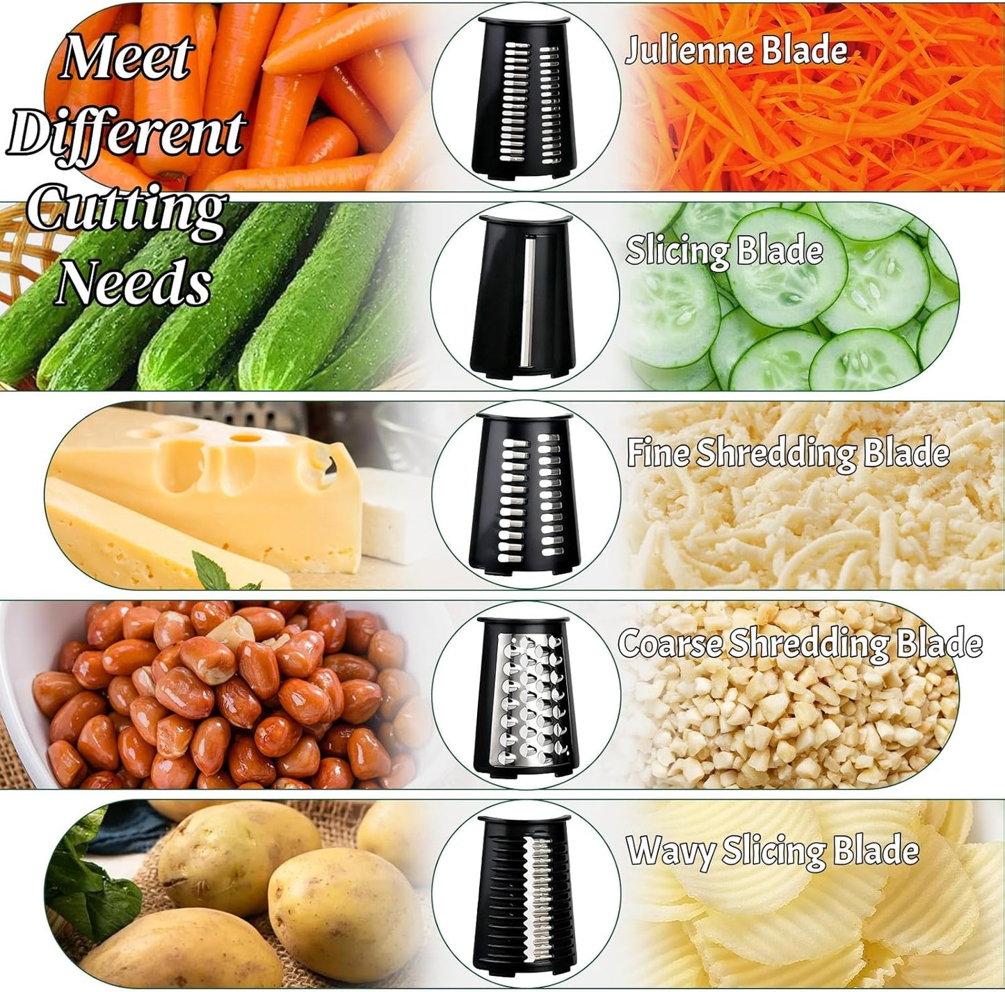 Rotary Cheese Grater with Handle, Manual Vegetable Slicer Grater with 5 Detachable Stainless Steel Blades, Round Grater Slicer Hand Crank Food Chopper for Kitchen with Blade Storage Box