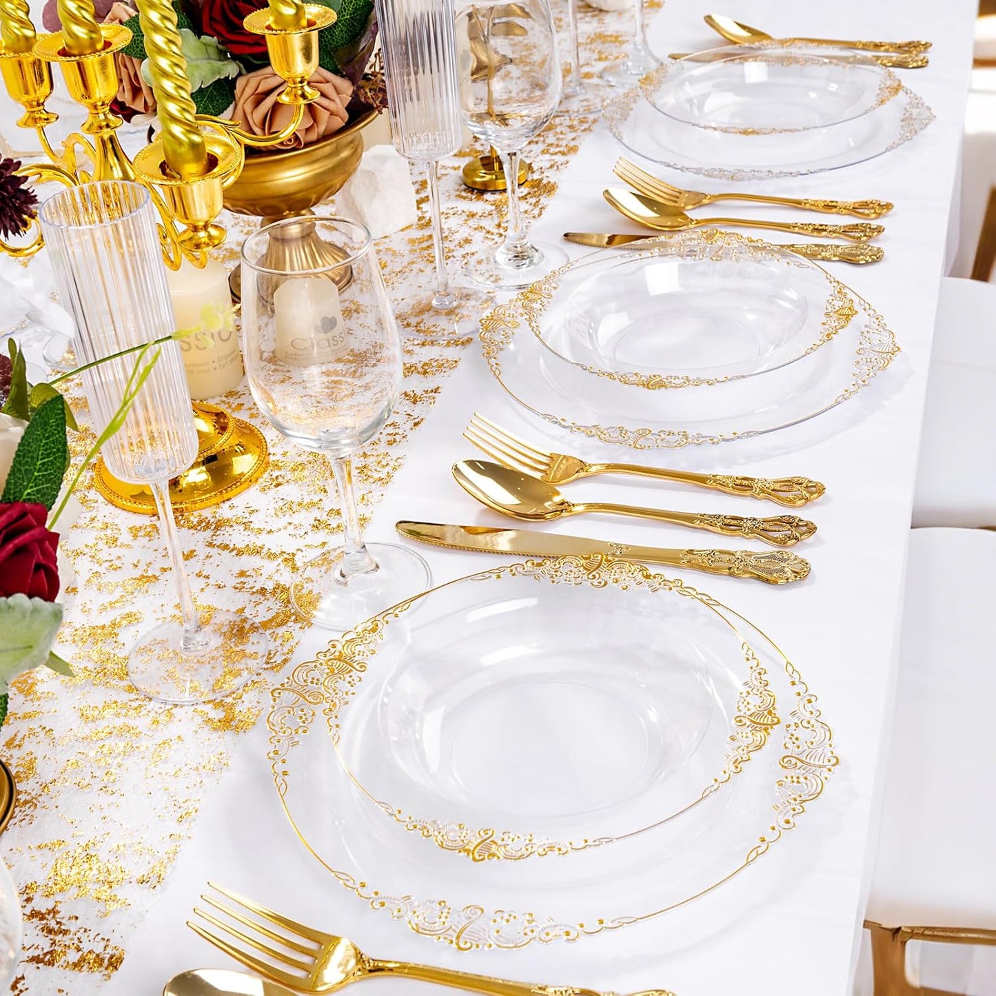 100PCS Clear Gold Plastic Bowls - 12 oz Clear Disposable Salad Bowls - Heavy Duty Disposable Soup Bowl - Fancy Plastic Ice Cream Bowl for Weddings, Thanksgiving Parties, Dinners, Picnics,