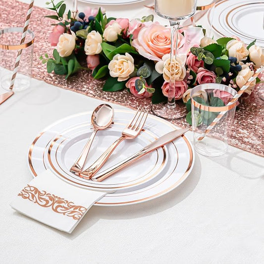 175PCS Rose Gold Dinnerware Set for 25 Guests, Rose Gold Rim Plastic Disposable Plates for Party Wedding Include 25 Dinner Plates, Dessert Plates, Silverware Set, Napkins, Cups