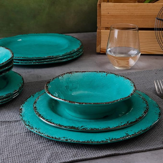 LEHAHA 12 Piece Vintage Melamine Dinnerware Sets Include 4 Dinner Plates, 4 Salad Plates and 4 Bowls Service for 4, Unbreakable Farmhouse Dishes and Bowls Suitable for Indoor and Outdoor Use Teal