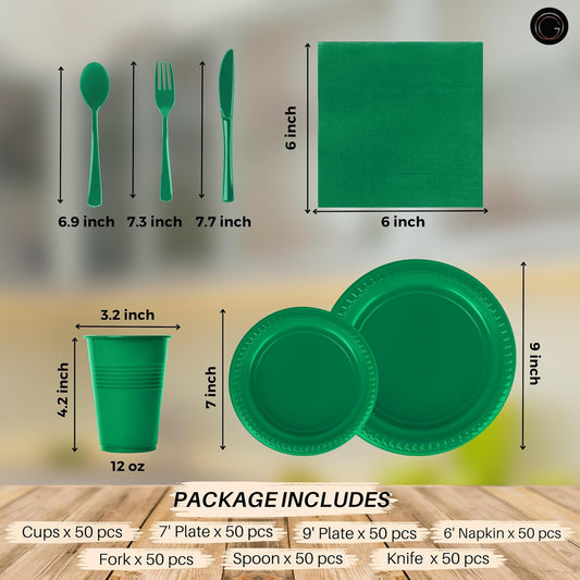 Grandipity 350 Piece Green Disposable Dinnerware Set, Includes 50 of Each: 9" Dinner Plates, 7" Dessert Plates, 12oz Cups, Paper Napkins, Forks, Knives & Spoons