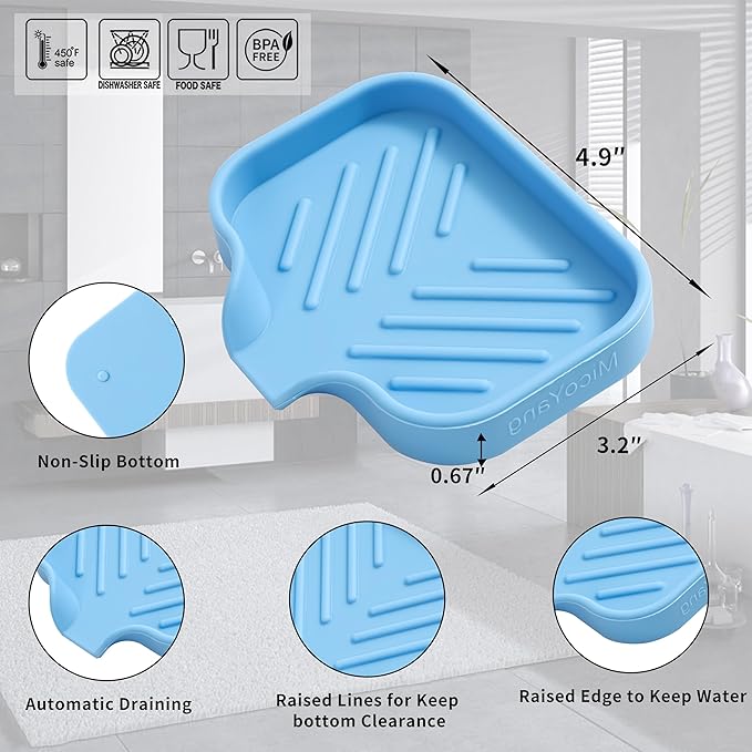 Silicone Bathroom Soap Dishes with Drain Spout-Bathroom and Kitchen Sink Organizer,Sponge Holder,Dish Soap Tray,Perfect for Dispenser,Scrubber,Bottle on Sink or Counter-Light Blue 4.9"×3.2"