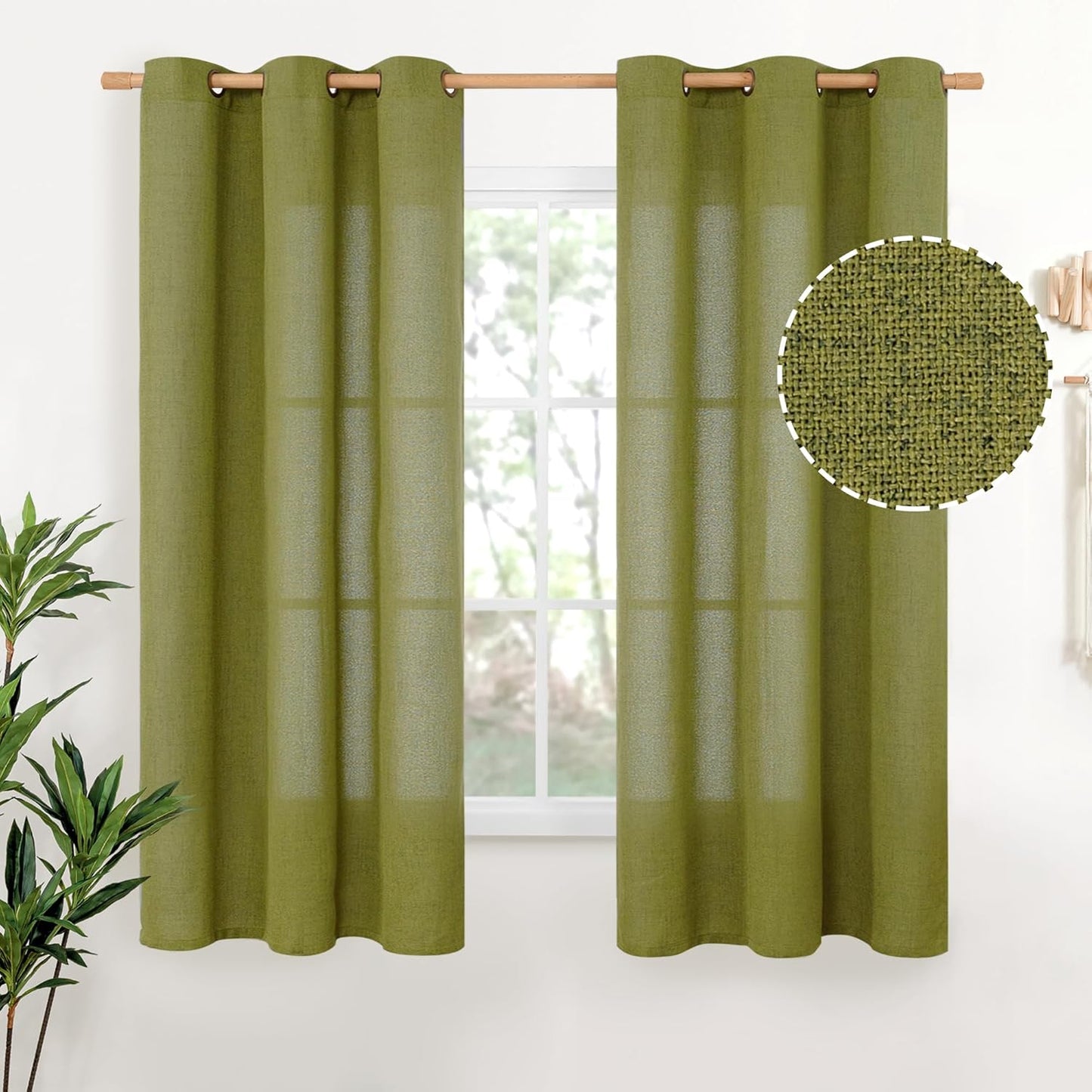 YoungsTex Olive Green Linen Curtains 63 Inches Length for Bedroom - Short Textured Light Filtering Window Drapes with Bronze Grommet Privacy for Living Room/Farmhouse, 2 Panels, 42 x 63 Inch
