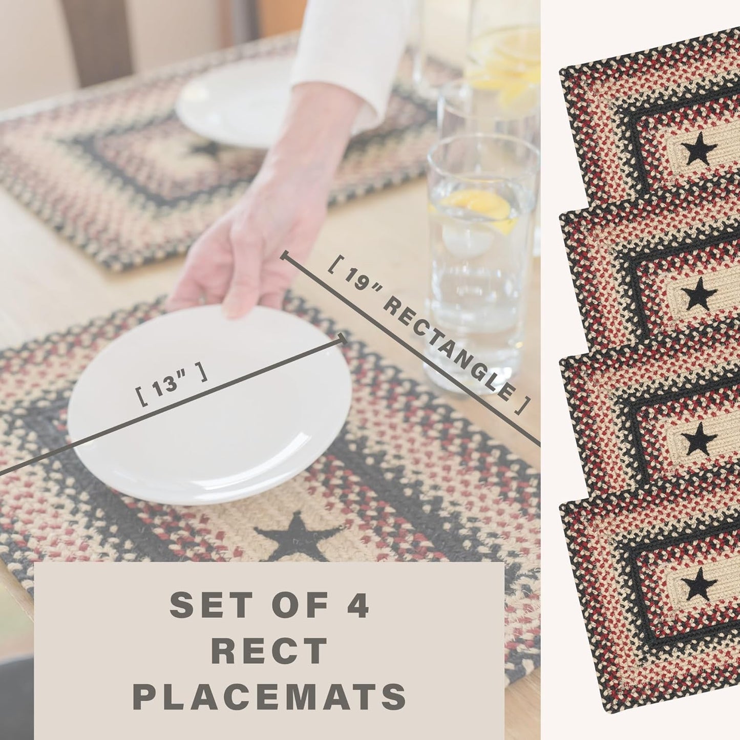 Homespice Primitive Star Gloucester Jute Woven Placemats, Warm Primitive Decor, Set of 4, Black and Red 13x19 Rectangle Table Mats - Vibrant Colors, Durable, Easy to Clean and Protects Furniture