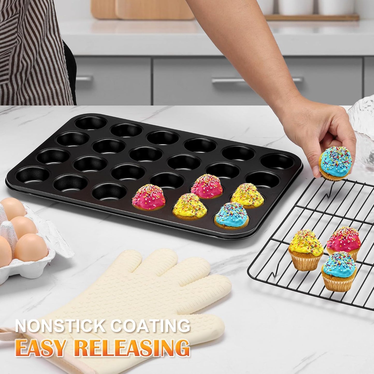 E-far 2 Pack Mini Muffin Pan - Nonstick 24-Cup Carbon Steel Cupcake Tin Tray for Little Bites & Freezer Prep | Warp-Free Bakeware Ensures Even Baking & Effortless Release, Regular Size & Oven Safe