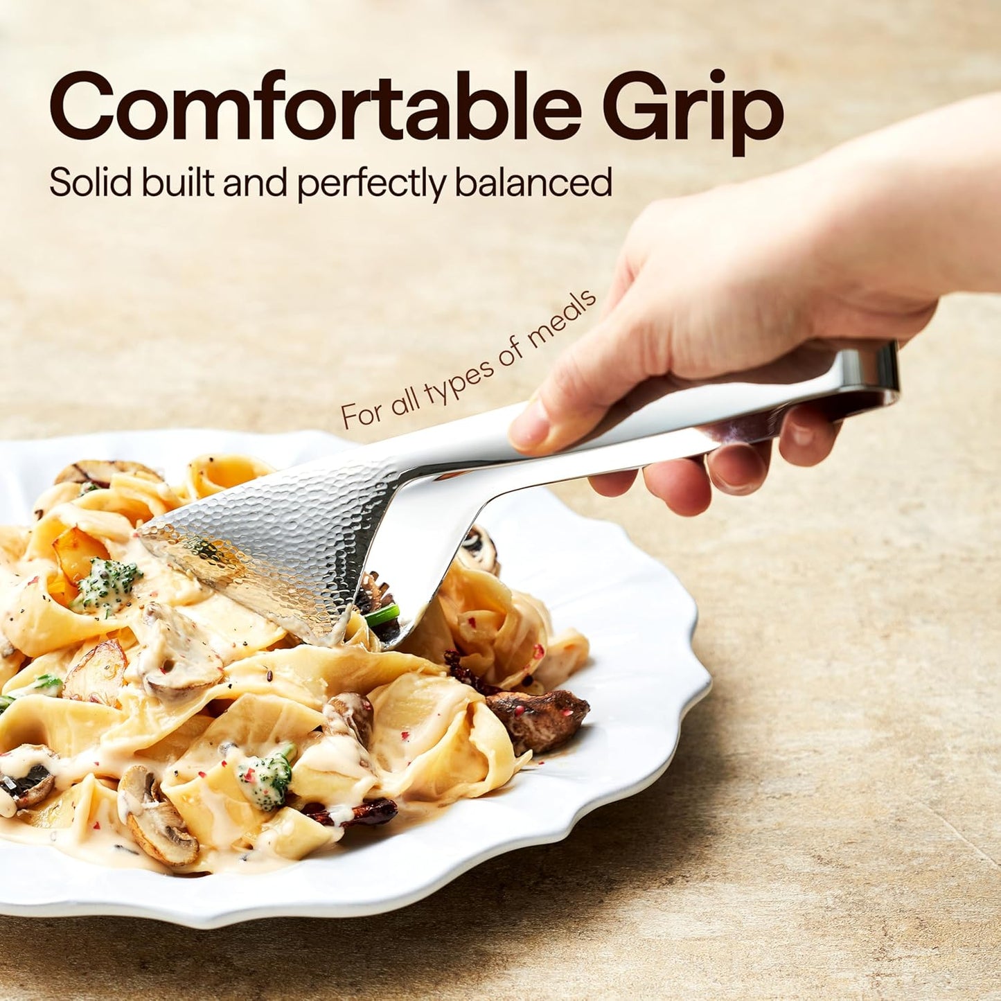 Luciella Ponza Flatware Set for 8, 45-Piece Stainless Steel Silverware Set with Serving Utensils, Timeless Hammered Design, Rust-Resistant, Mirror Polished & Dishwasher Safe