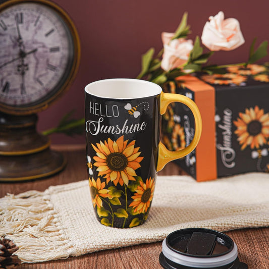 Topadorn 17oz Ceramic Travel Mug with Handle and Splash-Resistant Slider Lid, Suitable for Coffee and Tea, Microwave & Dishwasher Safe, Sunflower