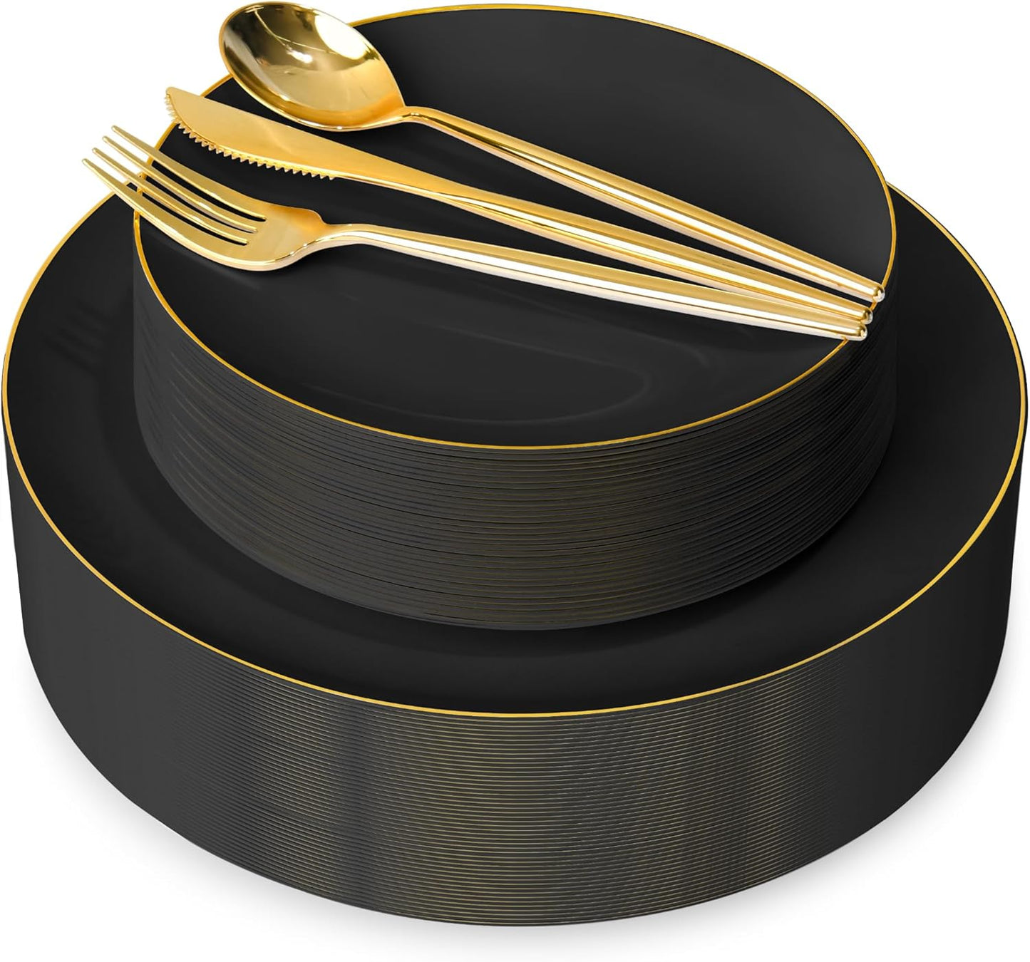I00000 150Pcs Black Plastic Plates,Heavy Duty Black Plates for 30 Guests,Plastic Dinnerware Set Include 30 Dinner Plate,30 Dessert Plate,90 Gold Cutlery Set for Party