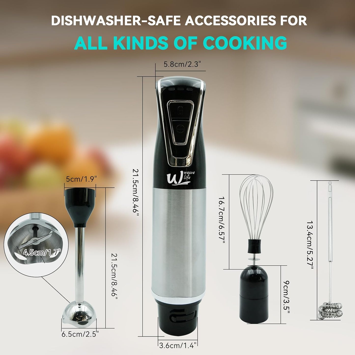3-in-1 Cordless Hand Blender Set - One-Touch Control & Safety Lock, Immersion Blender with Whisk and Frother for Lattes, Desserts, Soups, Dishwasher-Safe