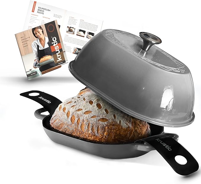 Enameled Cast Iron Dutch Oven for Professional Sourdough Bread Baking | 5.5 Quart Loaf Size Oval Cookware Pot with Lid | Triple-Layer Enamel Coating Pan with Non Stick Silicone Mat | Gray