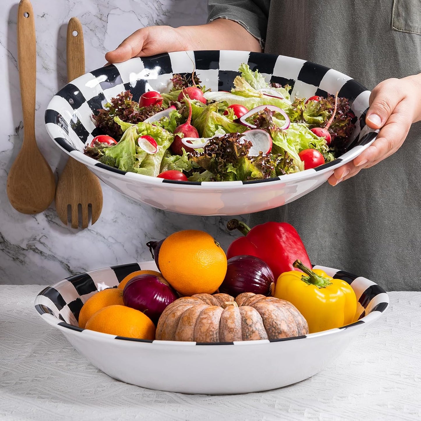 LEHAHA Melamine Large Serving Bowls, Set of 2, Sunflower 13.75" x 2.75" (130 OZ) Pasta and Salad Bowl, Black Plaid Durable for Kitchen, Dishwasher Safe