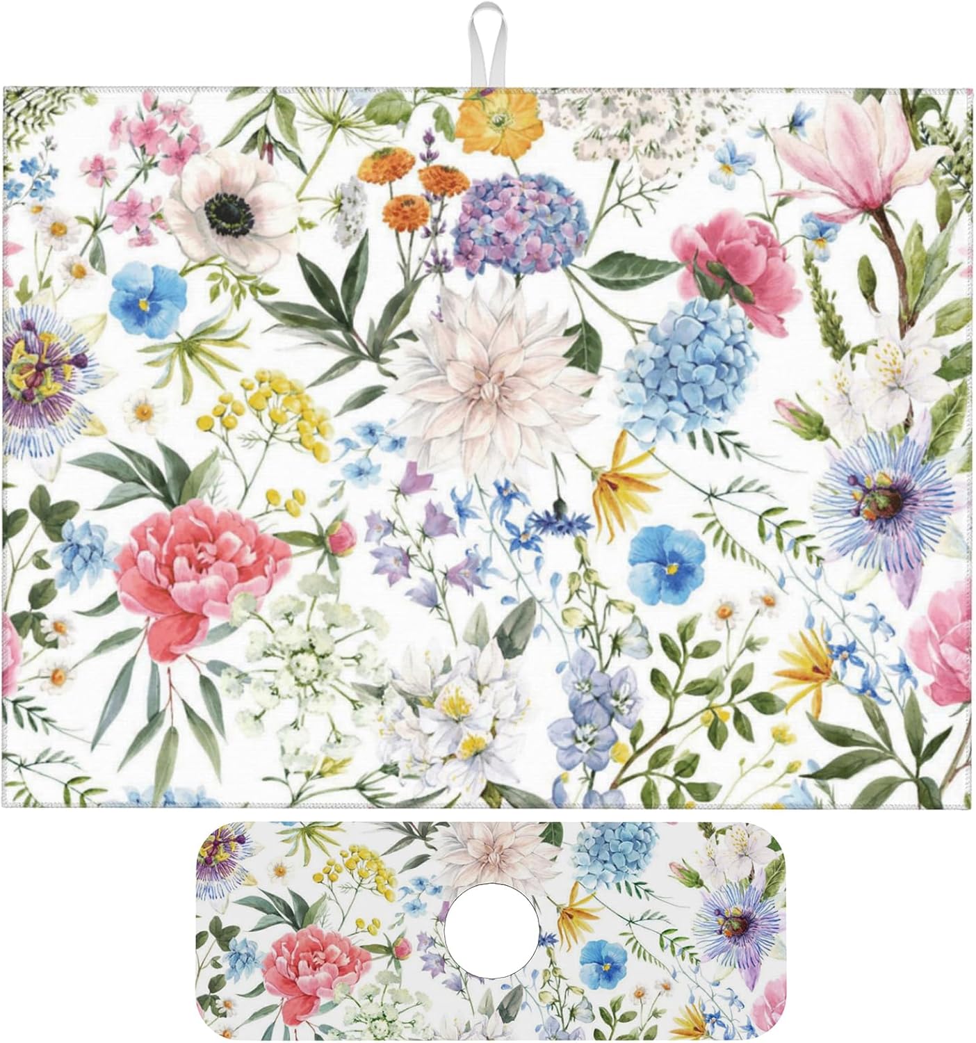 Colorful Flowers Dish Drying Mat for Kitchen Counter, 18"x24" Microfiber Absorbent Fast Dry Mat, 2Pcs Dish Mat Faucet Mats Sets, Large Drying Kitchen Mat Kitchen Drying Pad Coffee Bar Decor Gifts