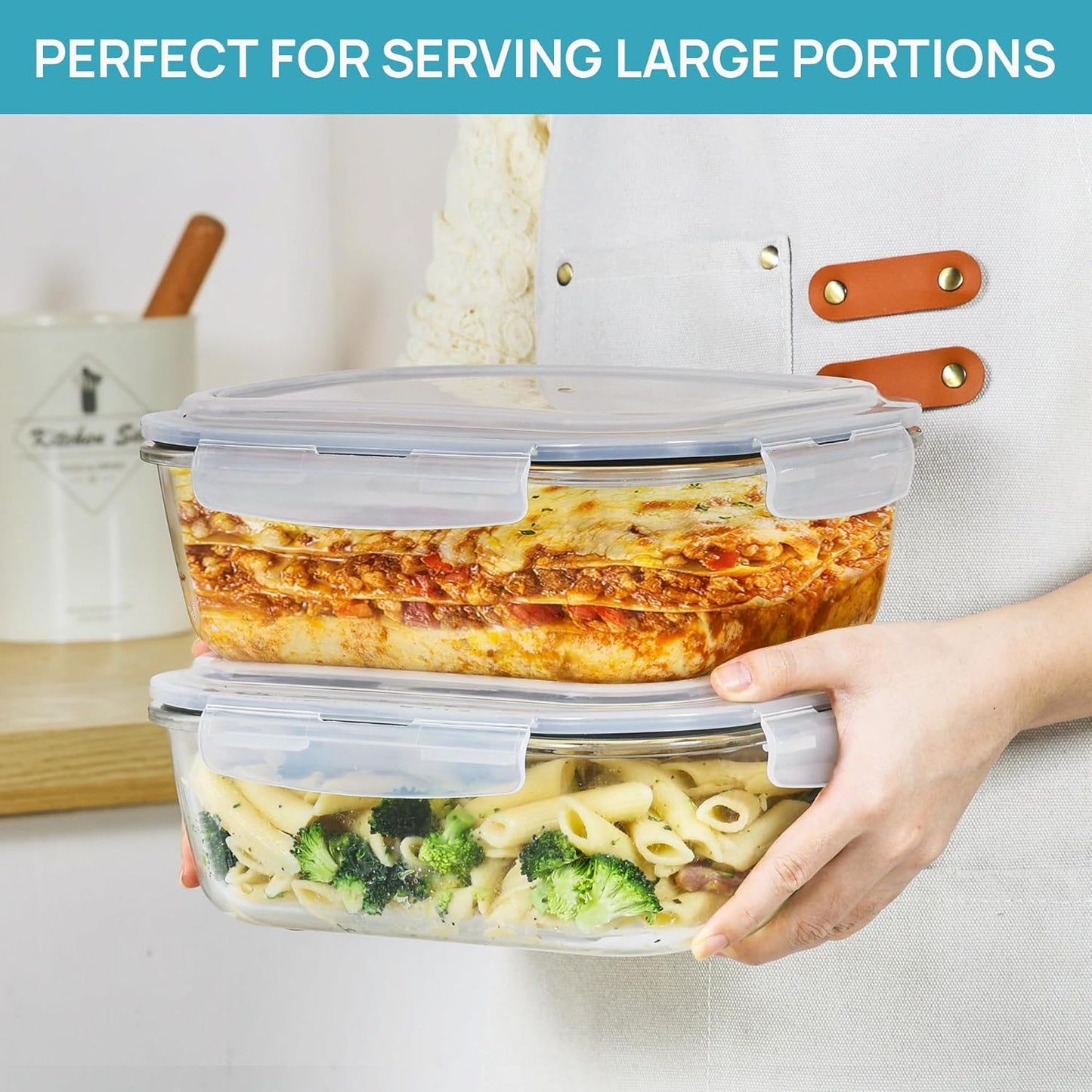 Vtopmart 2Pack 2260ml/ 76.4oz Large Glass Storage Containers with Lids, Meal Prep Food Container Set with Snap Airtight Lid for Baking, Microwave, Oven, Leak Proof, for Freezer, Dishwasher, Grey