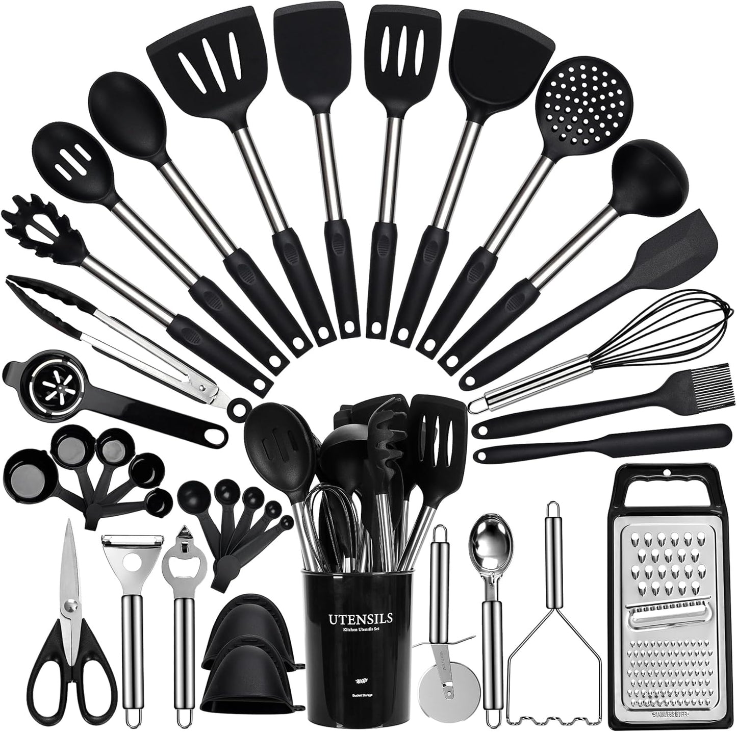 Large Cooking Utensils Set, 35 Pcs Kitchen Utensils Set with Holder, Silicone Spatula Set with Stainless Steel Handle, Whisk, Basting Brush, Kitchen Gadgets for Nonstick Cookware (Black)