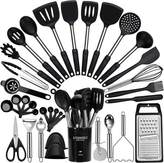Large Cooking Utensils Set, 35 Pcs Kitchen Utensils Set with Holder, Silicone Spatula Set with Stainless Steel Handle, Whisk, Basting Brush, Kitchen Gadgets for Nonstick Cookware (Black)