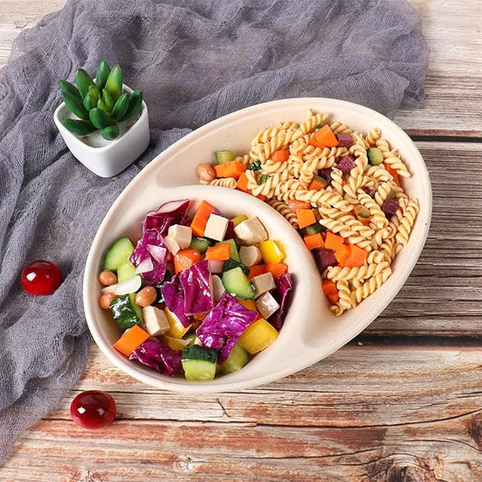 24 oz Oval Disposable bowls with lids,Sugarcane Salad Bowls 2 compartments take away food containers Plant Fibers 50 Pack