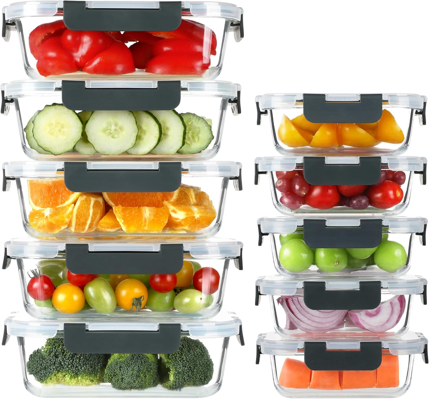 BAYZZ 10 Pack Glass Meal Prep Containers, Glass Food Storage Containers with Lids, Airtight Lunch Box, Freezer,Oven,Microwave and Dishwasher Safe