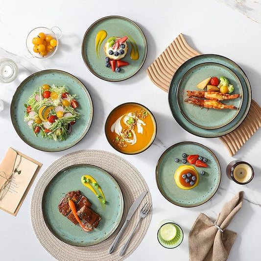 vancasso Plates and Bowls Sets, 18 Pieces Stoneware Dinnerware Sets for 6, Kitchen Dish Set Mircowave and Dishwasher Safe Ceramic Dishware, Turf Green, Series AMBER