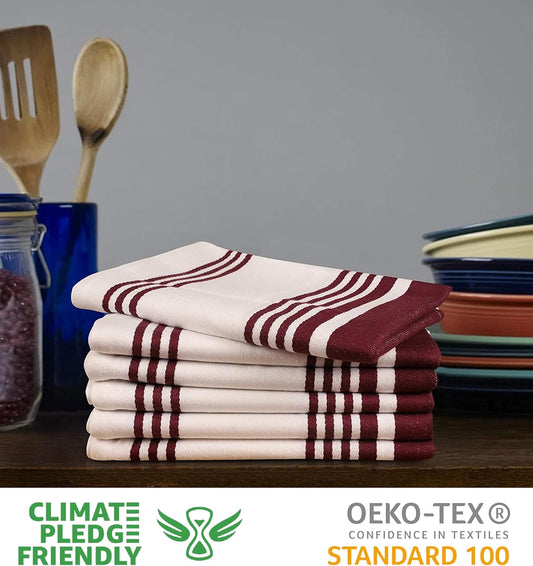 Urban Villa Kitchen Towels 100% Cotton Pack of 6, Highly Absorbent Quick Drying Super Soft Premium Dish Towels for Kitchen with Hanging Loop Hand & Tea Towels - 20x30 Inch, (Wine & White, Striped)