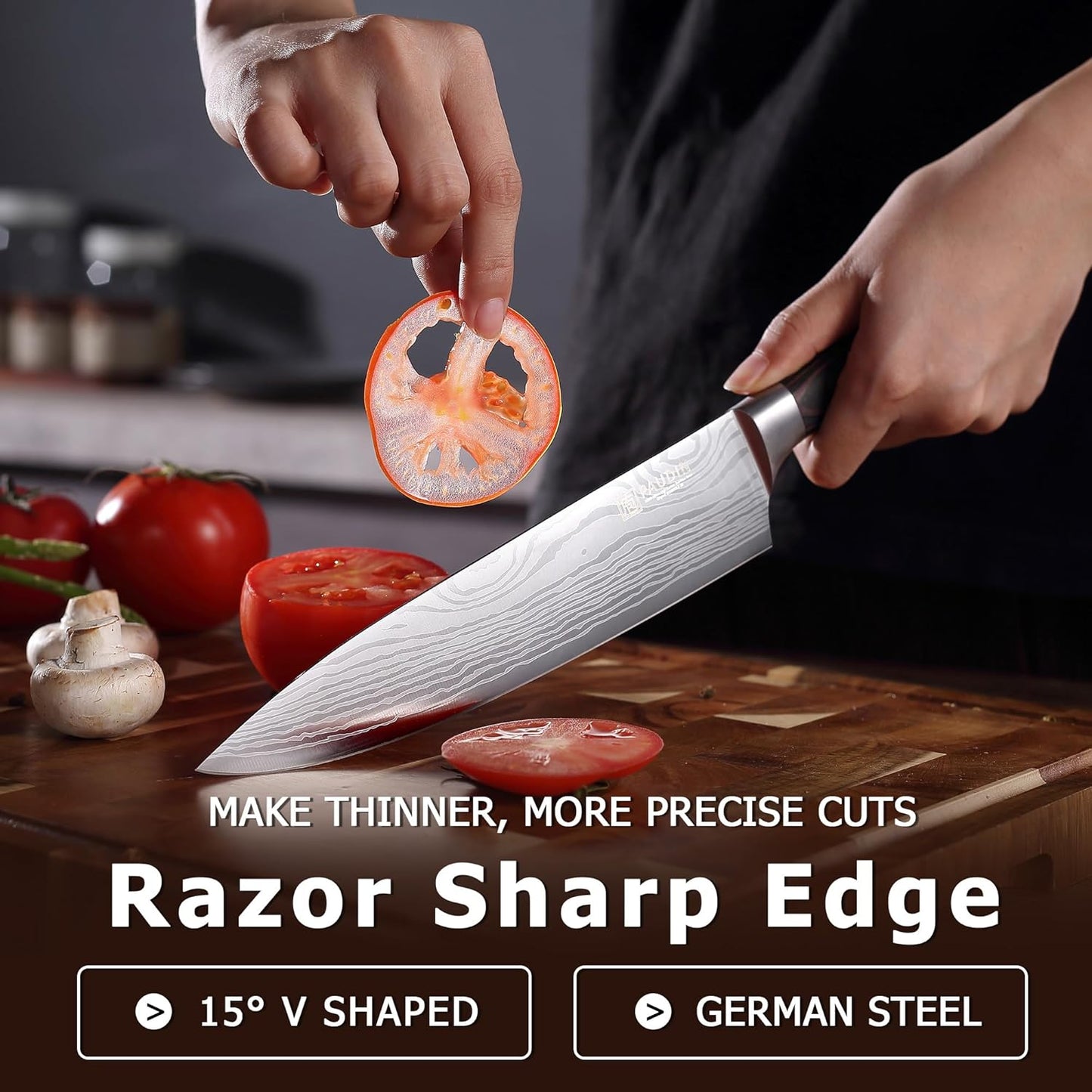 PAUDIN Kitchen Knife Set with Block, 14 Pieces Knife Sets for Kitchen with Block, High Carbon German Stainless Steel Sharp Chef Knife Set with Ergonomic Pakkawood Handle