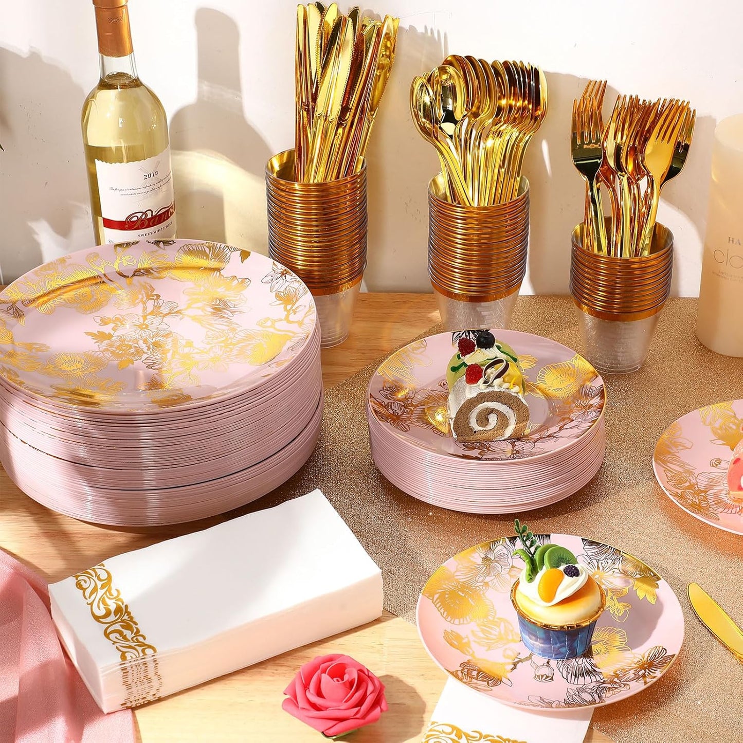 Tioncy 350 Pcs Gold Floral Plastic Dinnerware for 50 Guests Disposable Dinnerware Set Include Plates, Forks, Knives, Spoons, Cups, Napkins for Christmas Party Wedding Baby Shower(Pink Base Color)