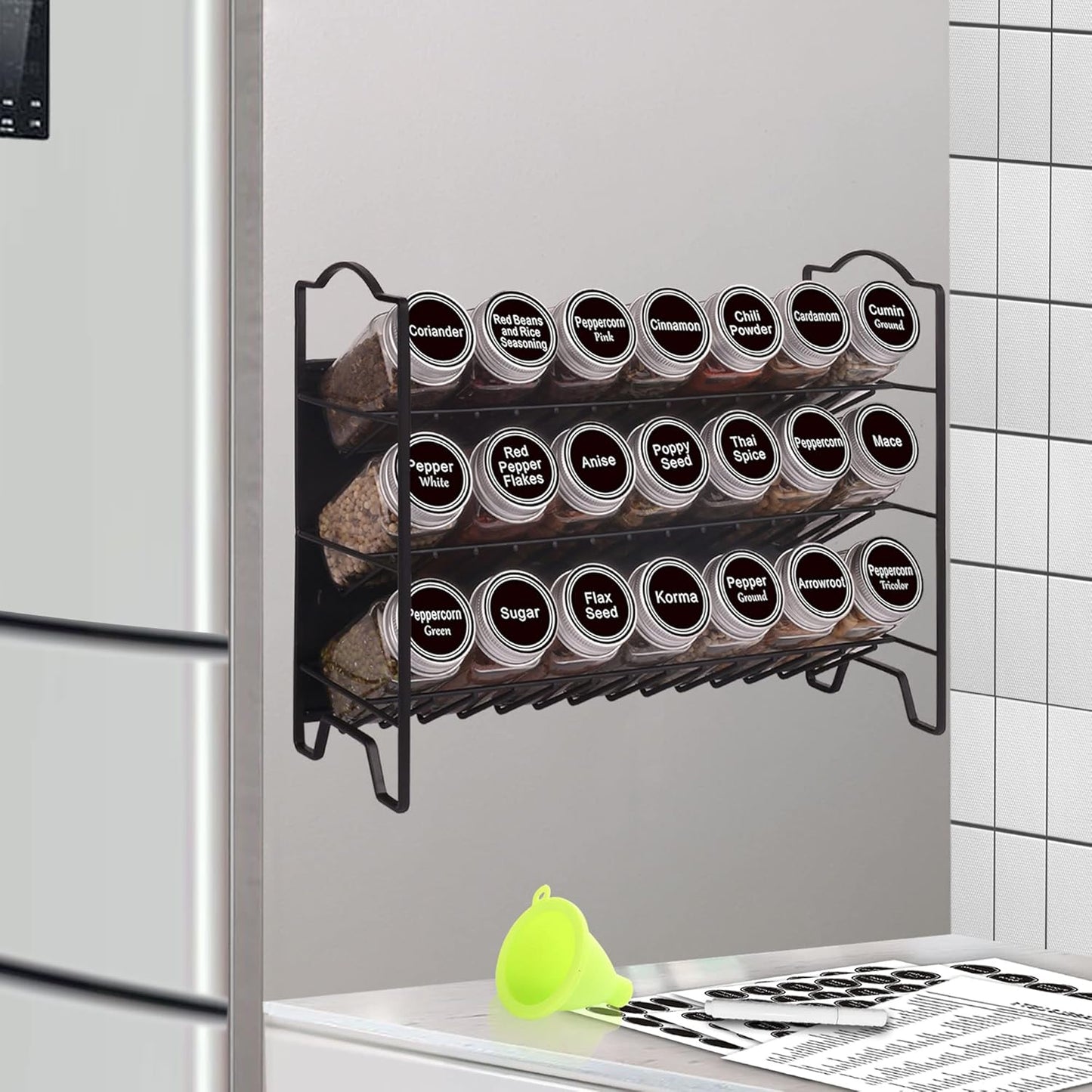 SWOMMOLY Magnetic Spice Rack for Refrigerator with 21 Spice Jars, 396 Spice Labels Set, 3 Tier Spice Rack Organizer for Cabinet, Countertop, Fridge, Pantry, Black